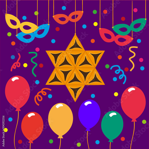 Purim holiday carnival Hamantaschen cookies in form of David star, balloons, masks. Jewish festive food Amman Oznei, Aman ears. Pie of Purim celebration, carnival party. Vector Illustration.