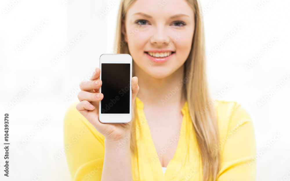 close up of woman showing smartphone blank screen close up of woman showing smartphone blank screen