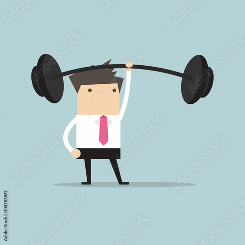 Businessman holding a heavy barbell with one hand