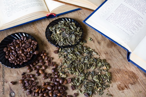Open book tea and coffee beans