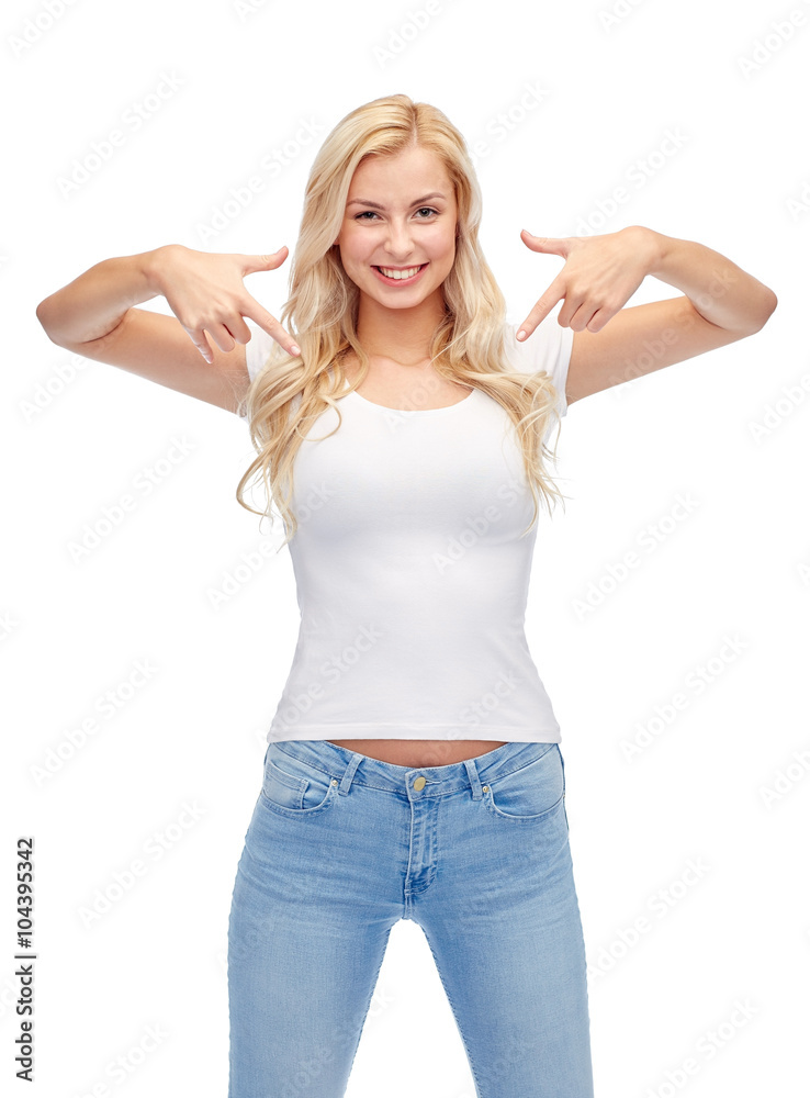 Fototapeta premium happy young woman or teenage girl in white t-shirt