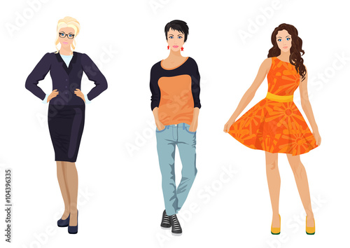 Fashionable females girls in different dress styles. Elegant, office and casual street style.