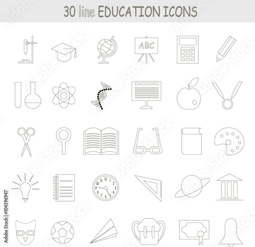 Education line icons, black outline on white. Globe, microscope, pencil, atom, DNA, test tube, flask, computer, book, hat, apple, bell, clock, lamp. School or University, natural, sciences, vector