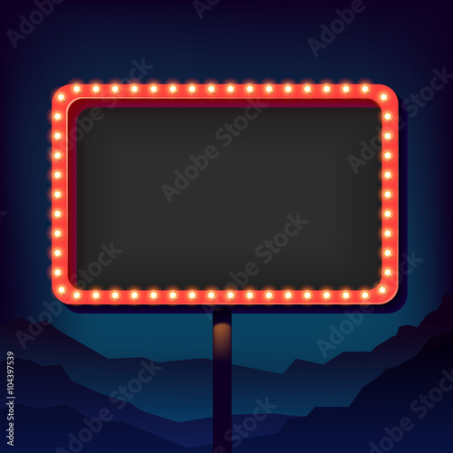 Vintage advertising road billboard with lights. Retro 3d sign.