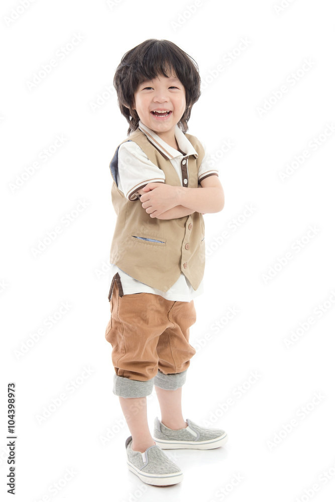 Happy little asian boy on white background