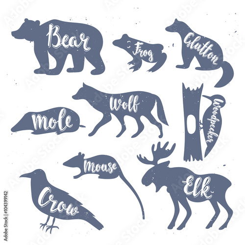 Wild animals isolated silhouettes with lettering