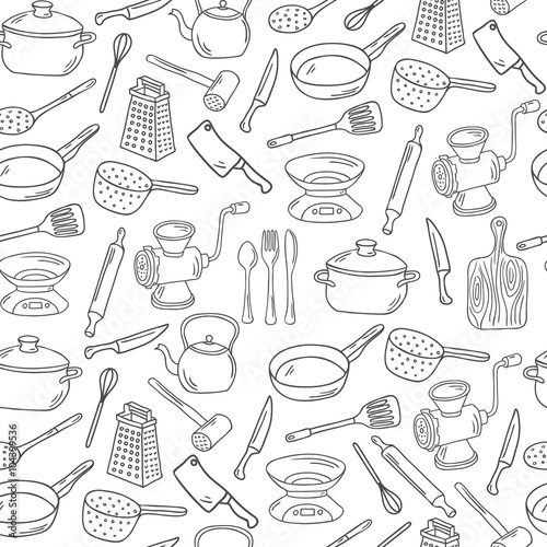 Vector hand drawn kitchen tools seamless pattern.