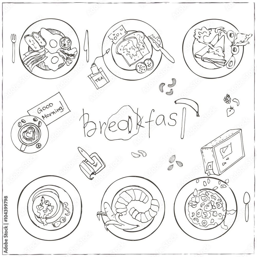 Vector hand drawn breakfast set.