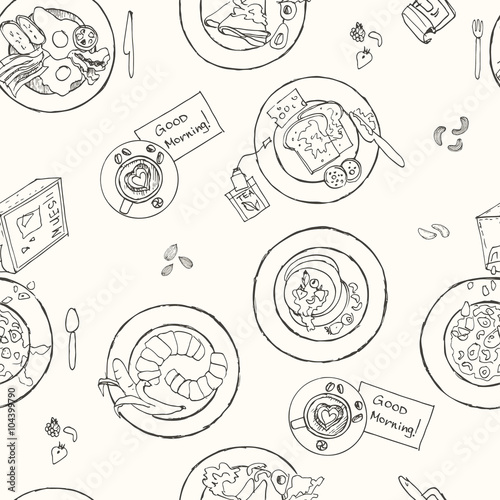 Vector hand drawn breakfast seamless pattern.