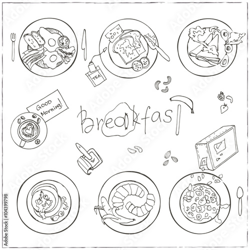 Vector hand drawn breakfast set.