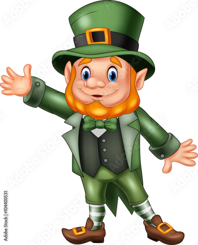 Cartoon happy leprechaun waving hand