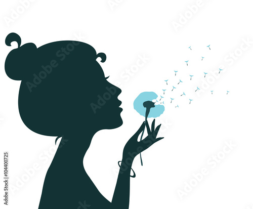 Silhouette of a young girl blowing dandelion isolated in white. Vector illustration