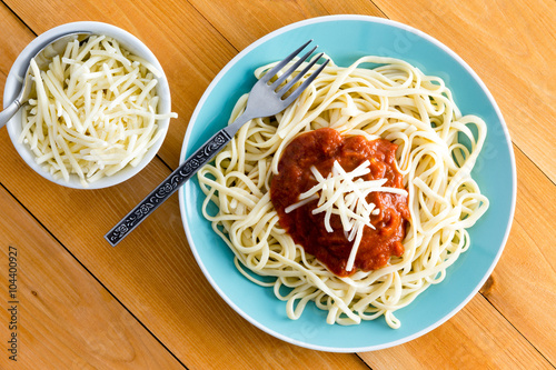 Italian spaghetti Bolognese with gruyere cheese