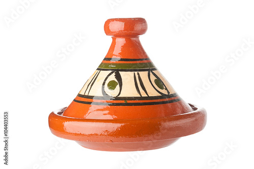 Traditional decorated Moroccan tagine on white background photo