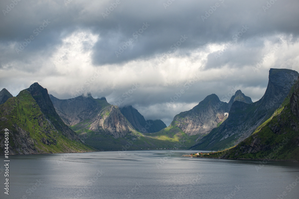 Daily view of amazing mountains in Lofoten islands, Norway