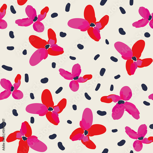 Red and pink flowers on the light background with dark spots. Vector seamless pattern with simple flowers. Sketched hand drawn design.

