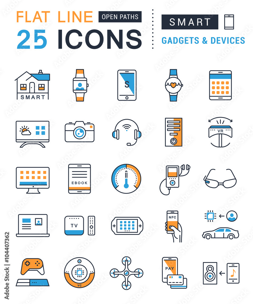 Set Vector Flat Line Icons Smart Device