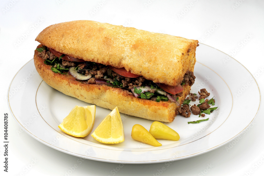 Traditional Turkish cuisine, Tantuni with loaf bread. 