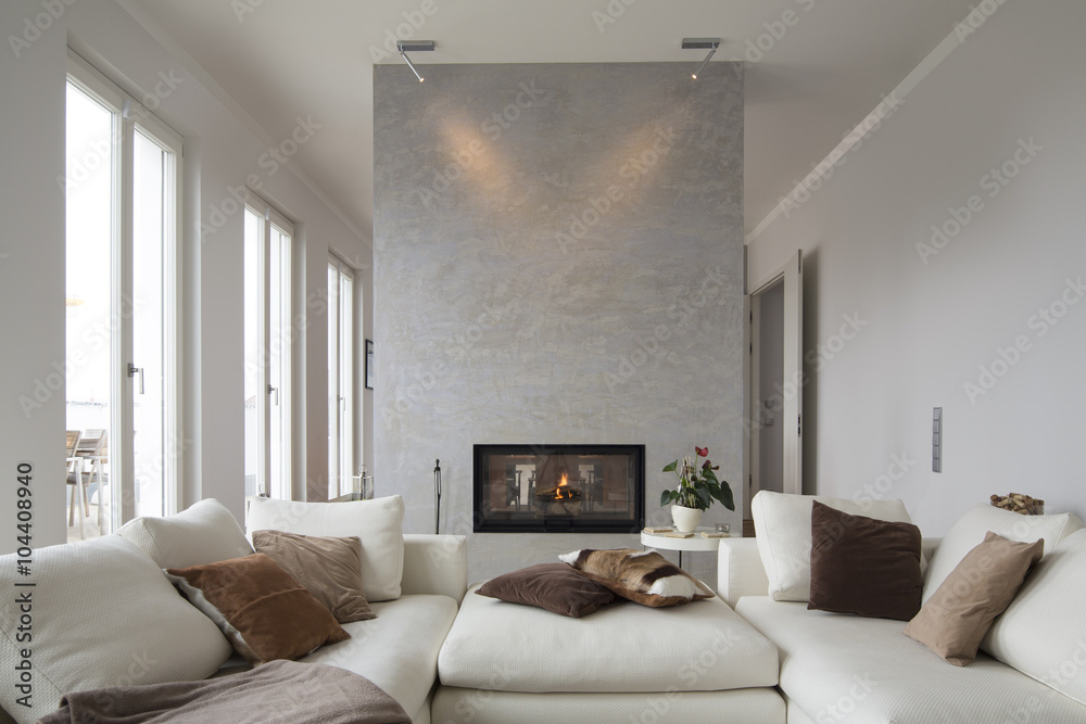 Interior of modern flat, Living room with white couch Interior of modern flat, Living room with white couch