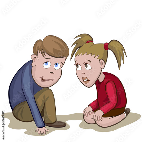 Boy and girl sit and scared with something or somebody