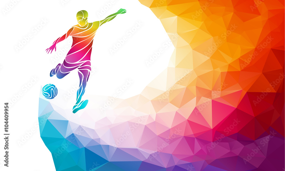 Creative silhouette of soccer player. Football player kicks the ball in trendy abstract colorful polygon rainbow back Creative silhouette of soccer player. Football player kicks the ball in trendy abstract colorful polygon rainbow back