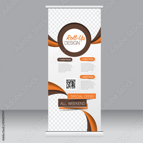 Roll up banner stand template. Abstract background for design,  business, education, advertisement. Brown and orange color. Vector  illustration.