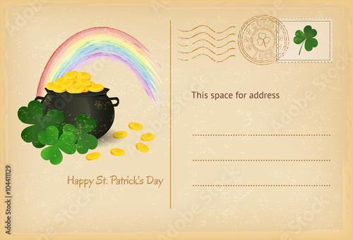 Saint Patrick's Day retro greeting card with pot of gold and rainbow. Vector illustration. photo