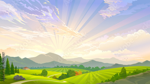 A sky full of rays and a scenic meadow