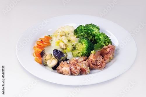 Homemade pork stew with broccoli and other vegetables