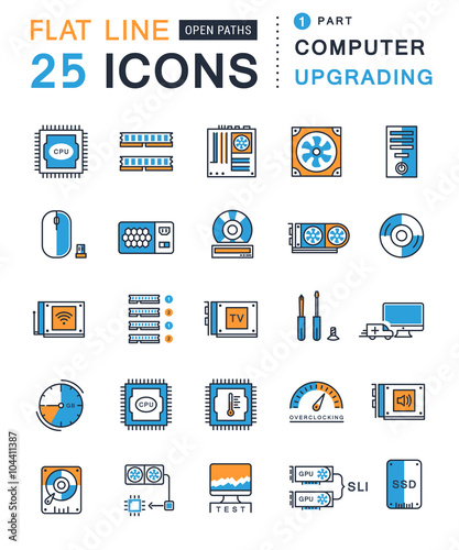 Set Vector Flat Line Icons Upgrading Computer