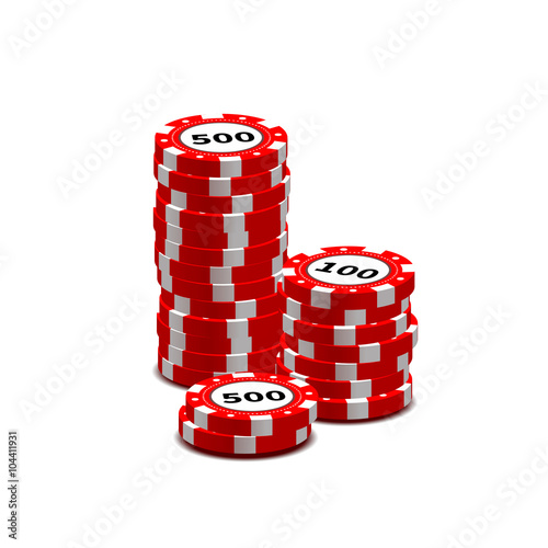 Stack of red gambling chips on white