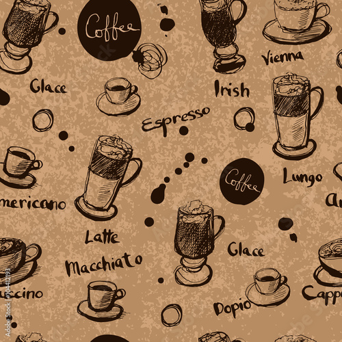 Vector seamless pattern with hand drawn coffee background.