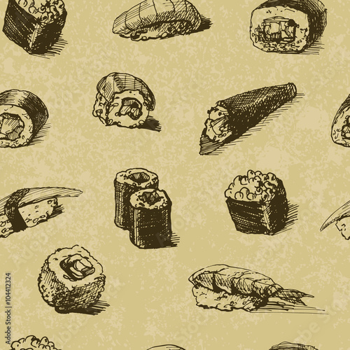 Vector seampless pattern with hand drawn sushi. Sushi, rolls.