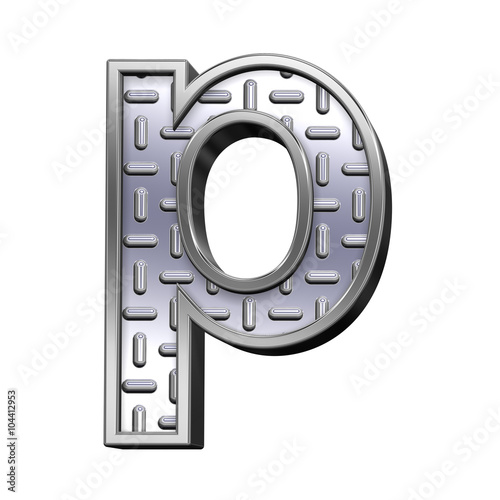 One lower case letter from steel tread plate alphabet set, isolated on white. Computer generated 3D photo rendering.