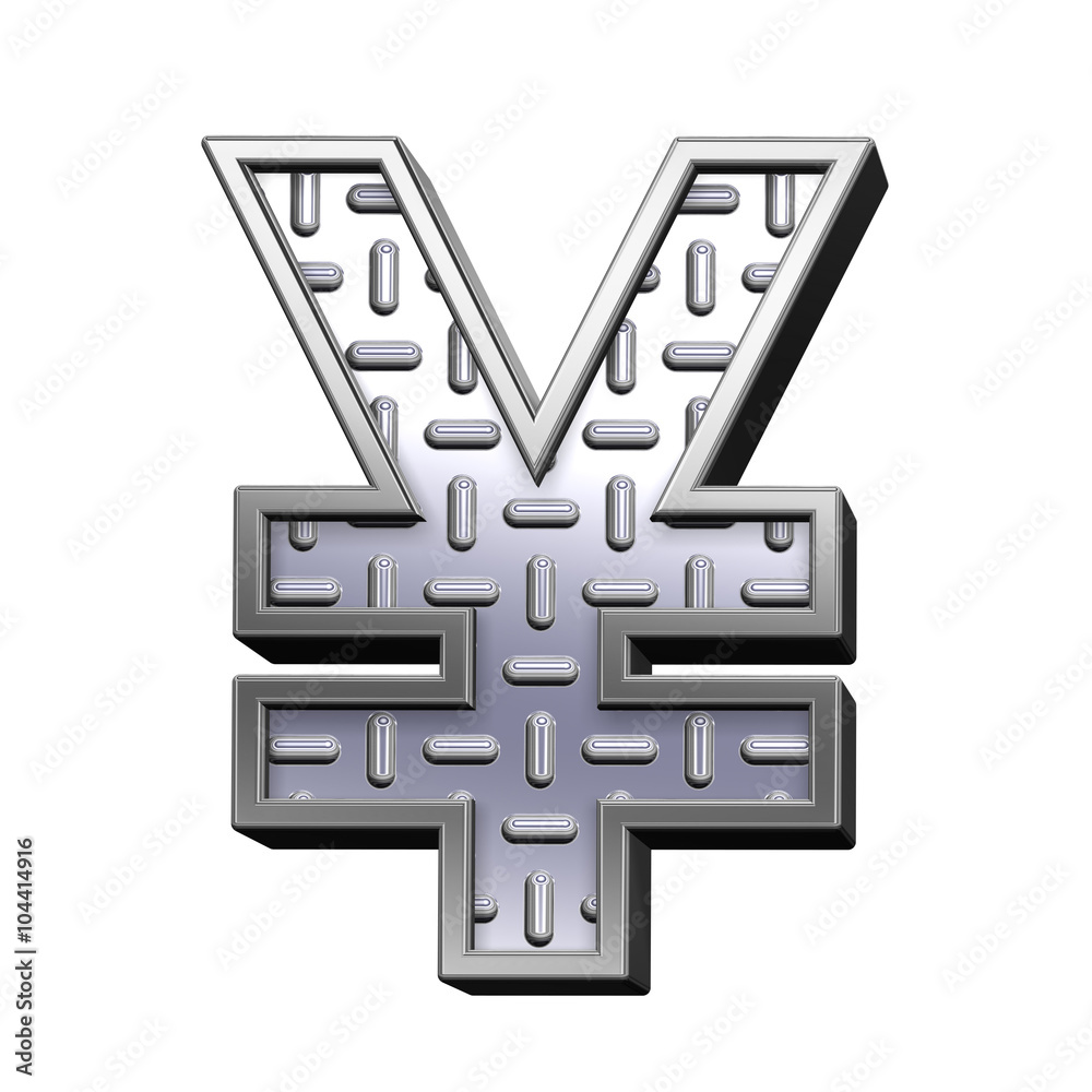 Obraz premium Yen sign from steel tread plate alphabet set, isolated on white. Computer generated 3D photo rendering.