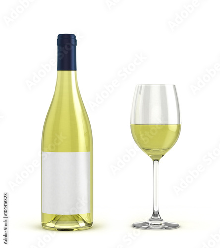 with white wine bottle and glass with wine isolated on white bac