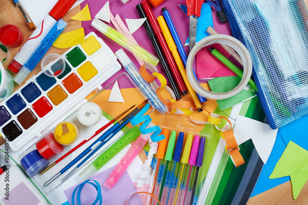 artwork workplace with creative accessories, art tools for painting and drawing artwork workplace with creative accessories, art tools for painting and drawing