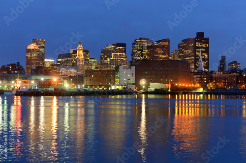 Boston City Skyscrapers  Custom House and Boston Waterfront at night from East Boston  Boston  Massachusetts  USA