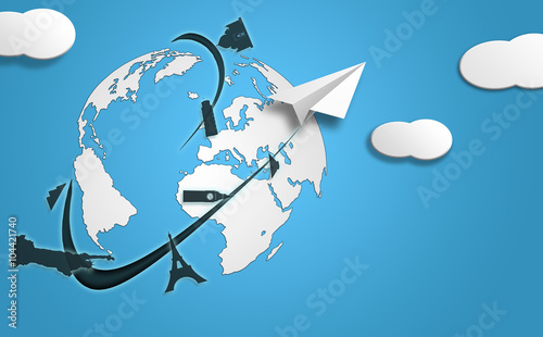 Plane visiting tourist cities in the world tourism concept