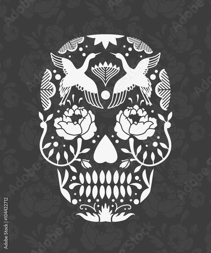Mexican sugar skull poster or t-shirt print with flower pattern.