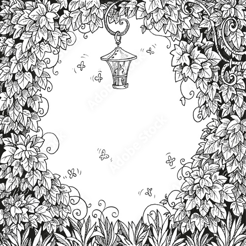 Frame for text decoration Enchanted Forest with a flashlight and