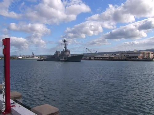 A guided missile destroyer Navy ship passes near Hickam base in Hawaii. photo