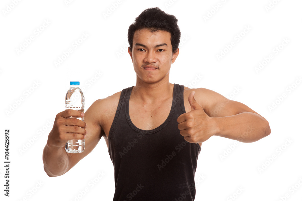 Muscular Asian man thumbs up with bottle of water