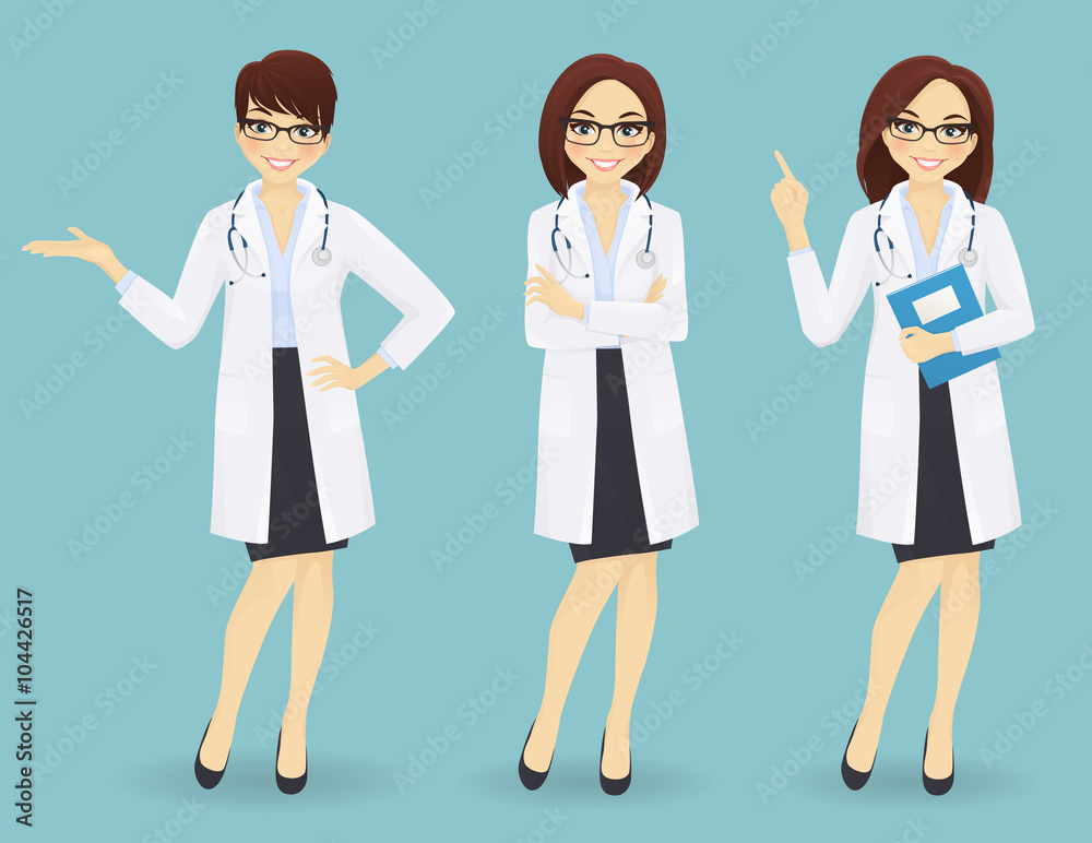 Set of three female doctors in different poses Set of three female doctors in different poses