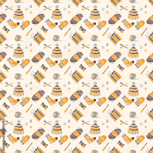 Seamless pattern on a knitting theme, brown things