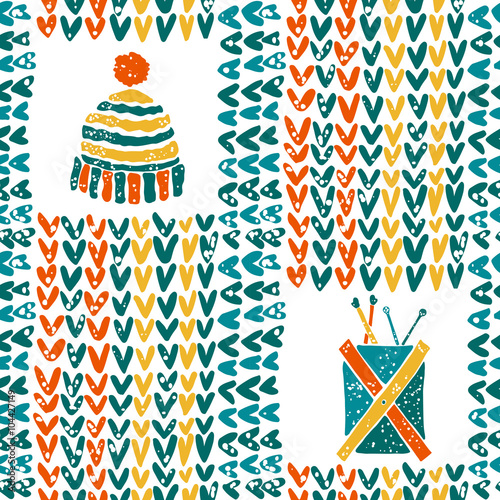 Pattern with knitting accessories and hat