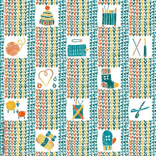 Knitted seamless pattern with knitting accessories