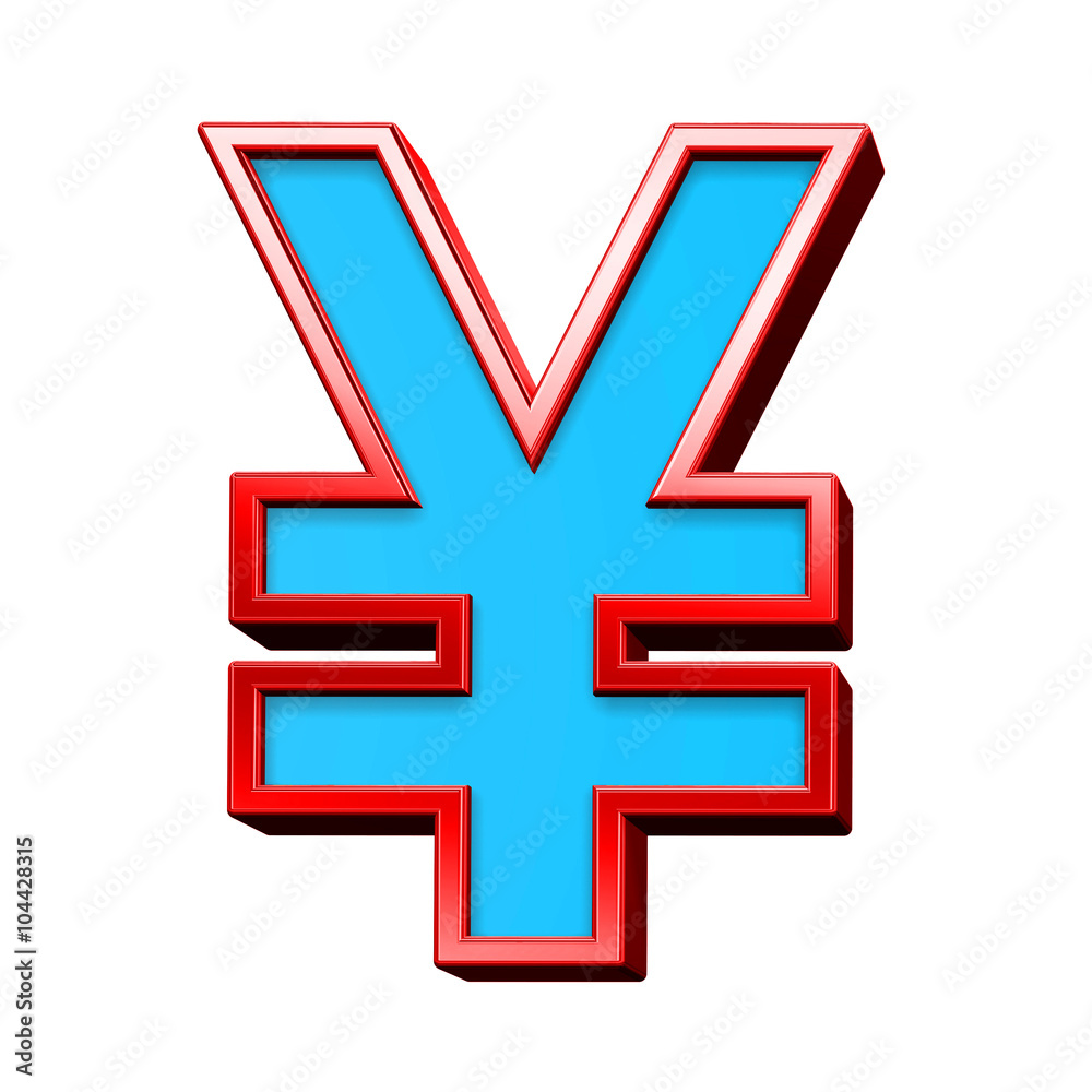Obraz premium Yen sign from blue glass with red frame alphabet set, isolated on white. Computer generated 3D photo rendering.