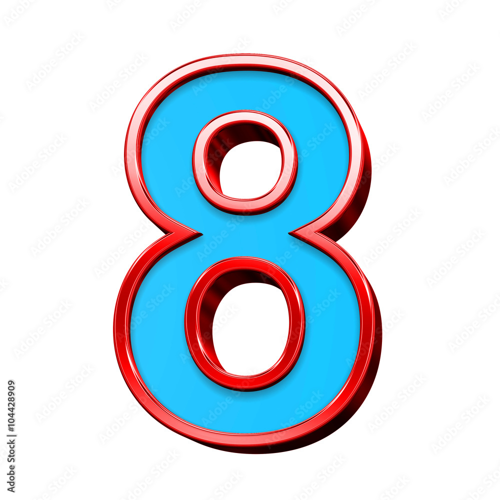 One digit from blue glass with red frame alphabet set, isolated on white. Computer generated 3D photo rendering. One digit from blue glass with red frame alphabet set, isolated on white. Computer generated 3D photo rendering.