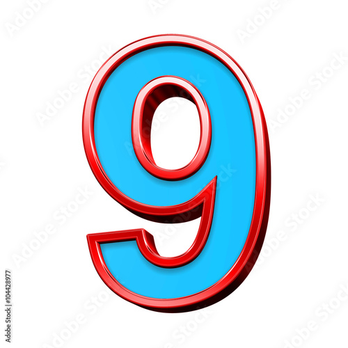 One digit from blue glass with red frame alphabet set, isolated on white. Computer generated 3D photo rendering.